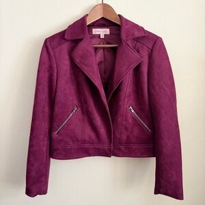 Philosophy XS Berry Faux Suede Moto Jacket Cropped Blazer Magenta Pink